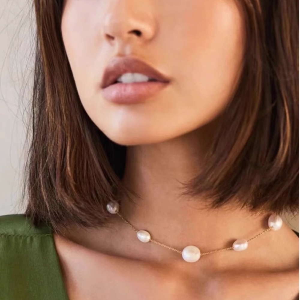 cult gaia Gold Chain Pearl Station Necklace - White Pearls